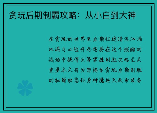 贪玩后期制霸攻略：从小白到大神
